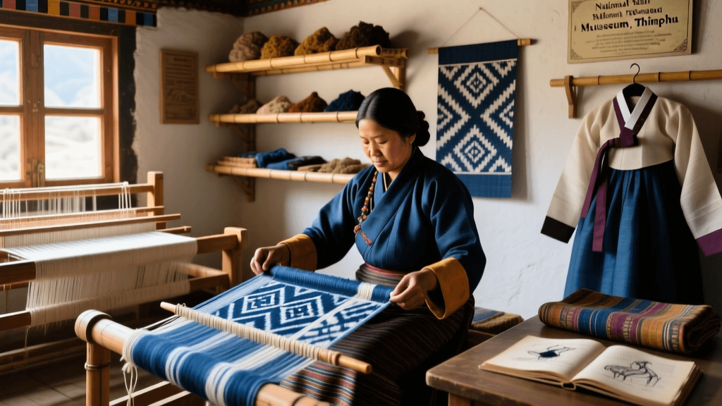 Bhutanese Kira Weaving With Yak Wool And Natural Indigo Dyes