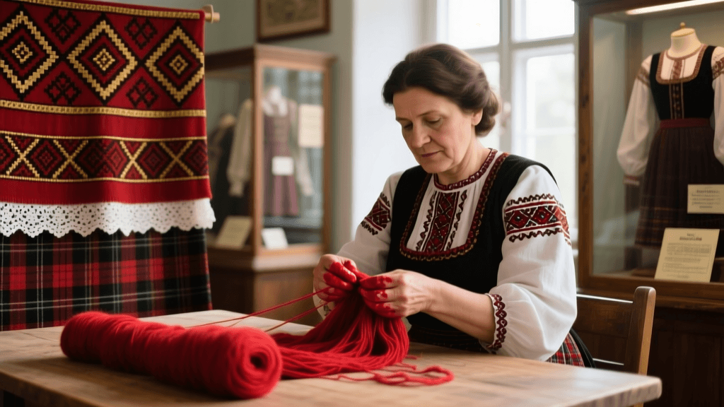 Bulgarian Shipka Embroidery Techniques And Red Wool Thread Preparation