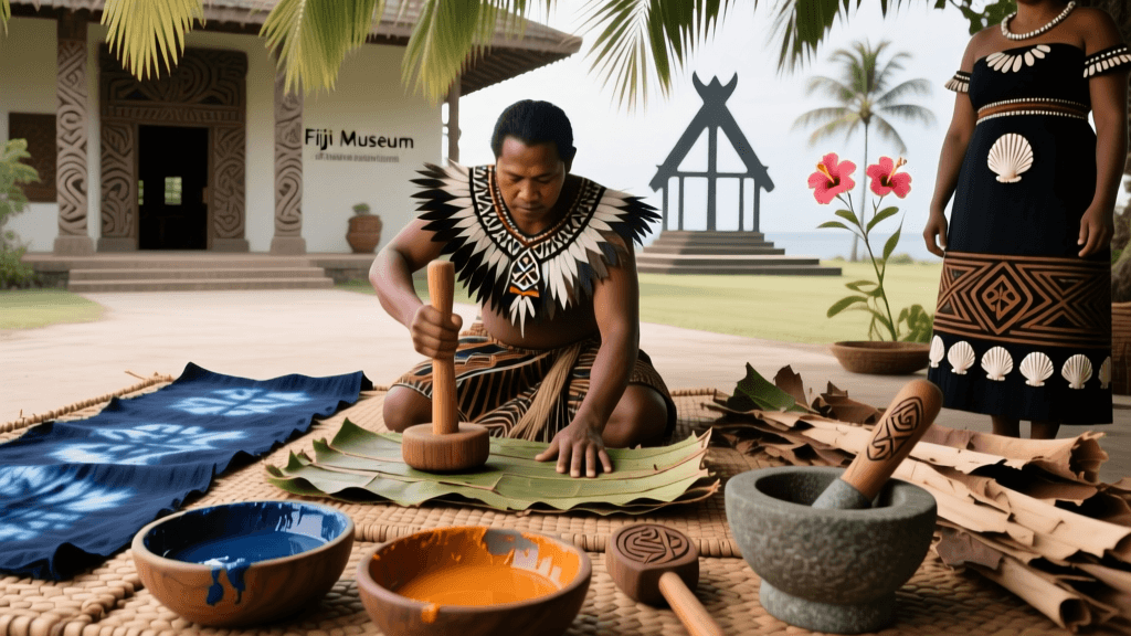 Fijian Masi Barkcloth Beating And Plant Dye Application