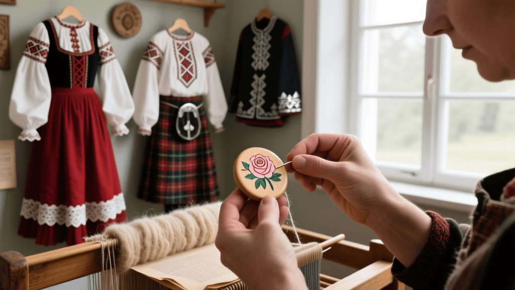 Swedish Dalarna Wool Carding And Rose Painting On Wooden Buttons