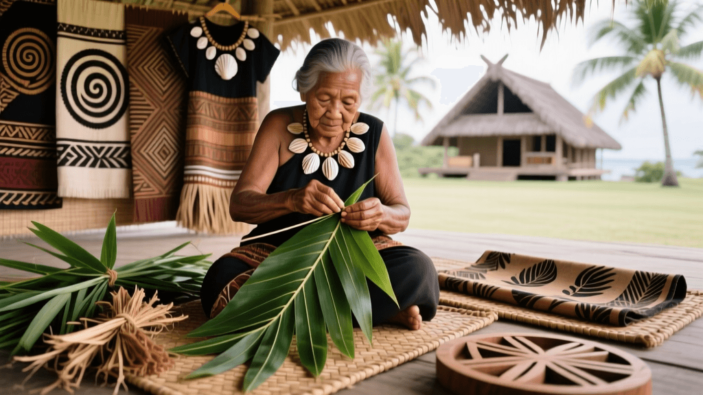 Tokelauan Titi Weaving And Coconut Frond Preparation For Ceremonial Wear