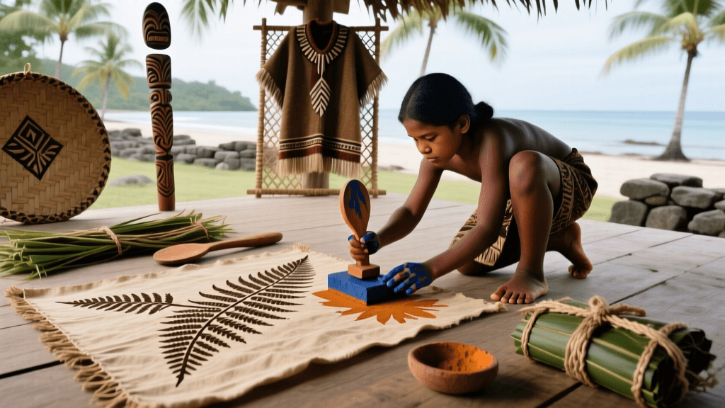 Solomon Islands Barkcloth Stamping With Fern Leaf Motifs